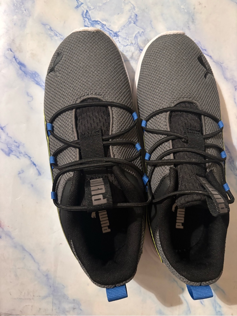 Puma Gray Mesh Sneakers with Black Laces and Blue Accents